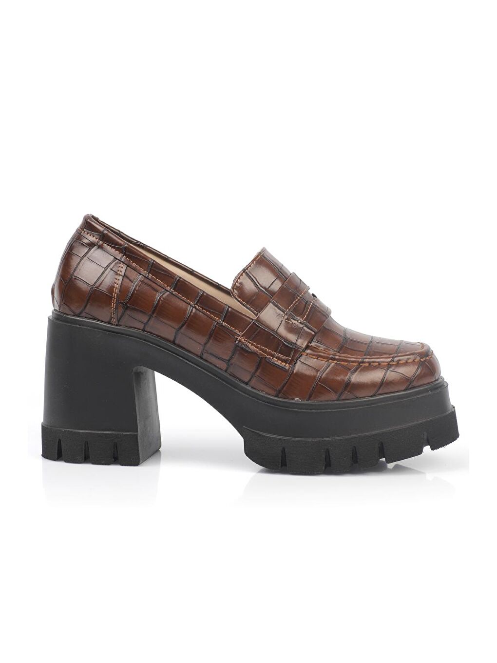 Kahverengi Yuvarlak Burunlu Orta Topuklu Kadın Loafer-2