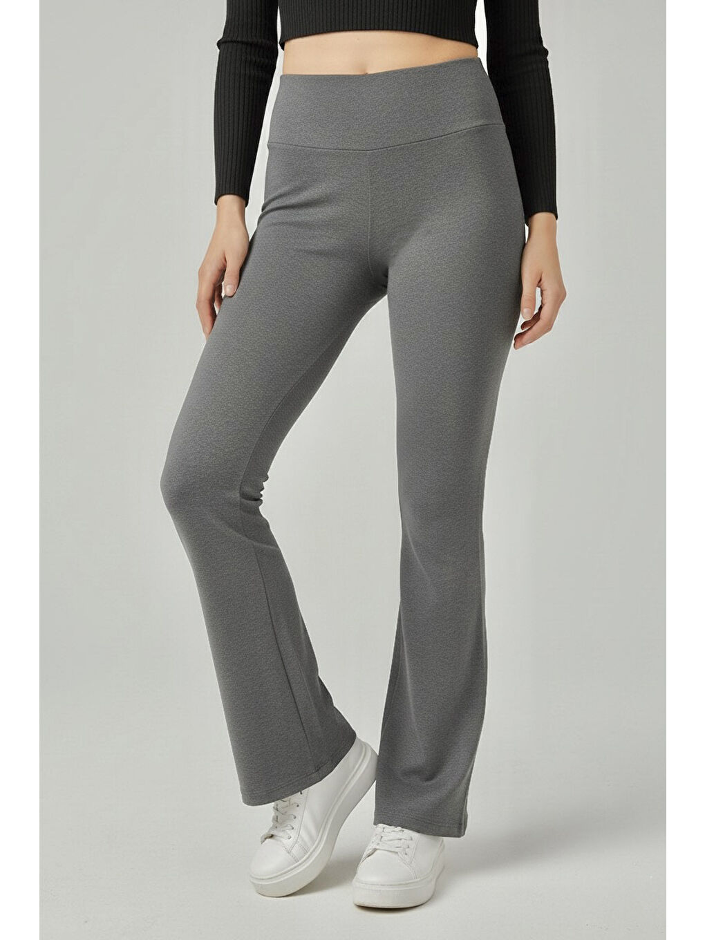 Gri İspanyol Paça Yüksek Bel Şardonlı Ribana Tayt Füme - 27979-FUME-1