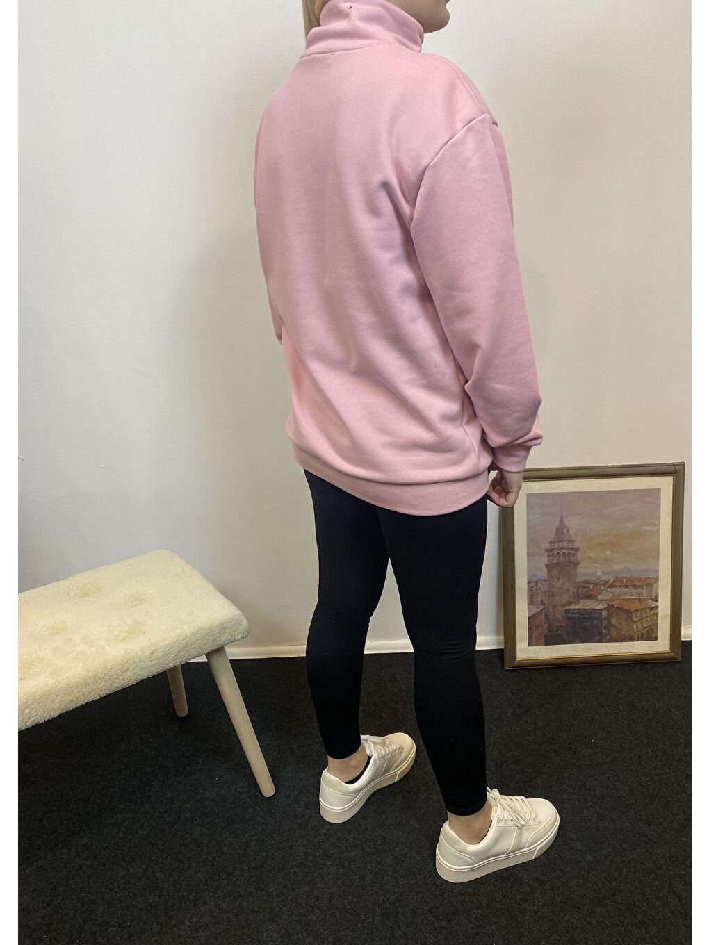 Pembe Kadın 3 iplik Yarım Fermuarlı Kanguru Çepli Sweatshırt spr24swk22-1