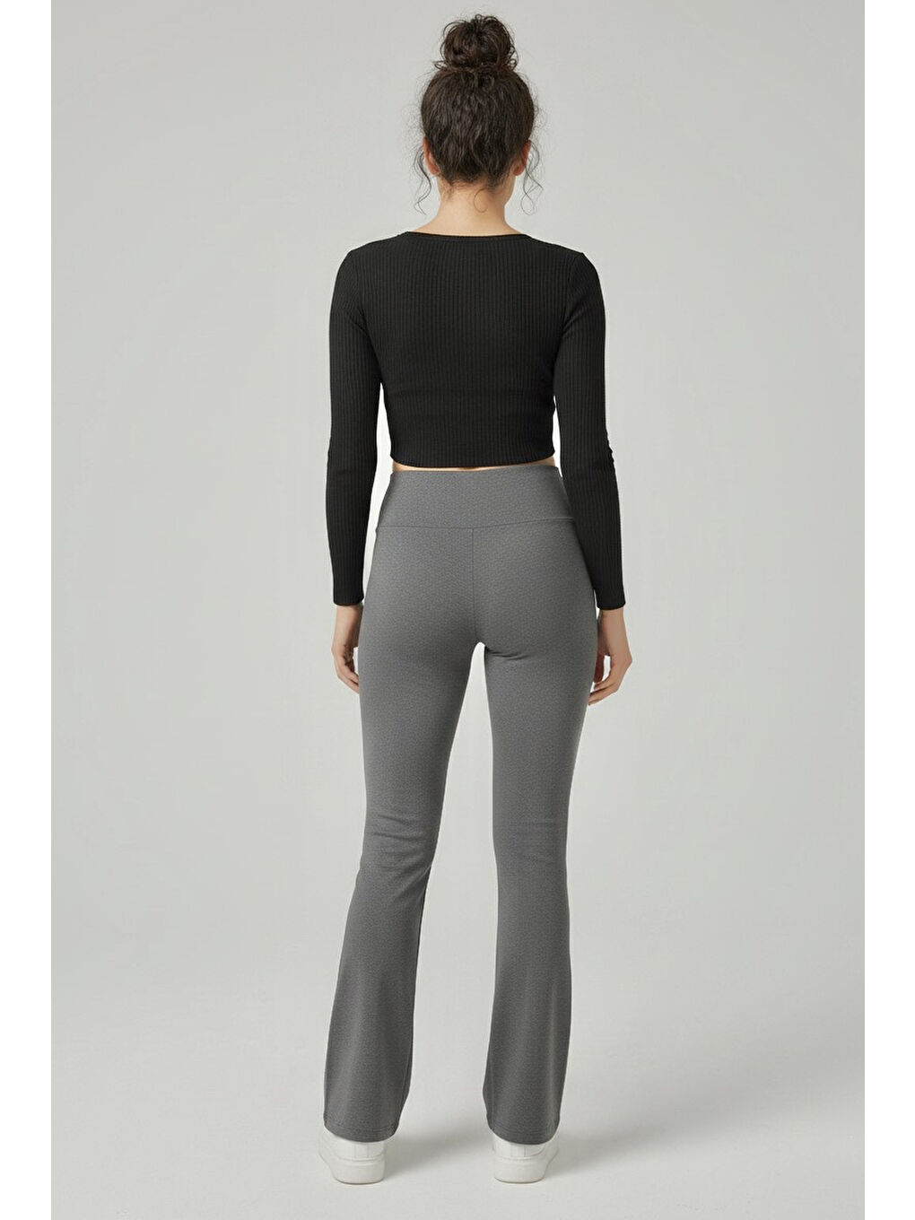 Gri İspanyol Paça Yüksek Bel Şardonlı Ribana Tayt Füme - 27979-FUME-2