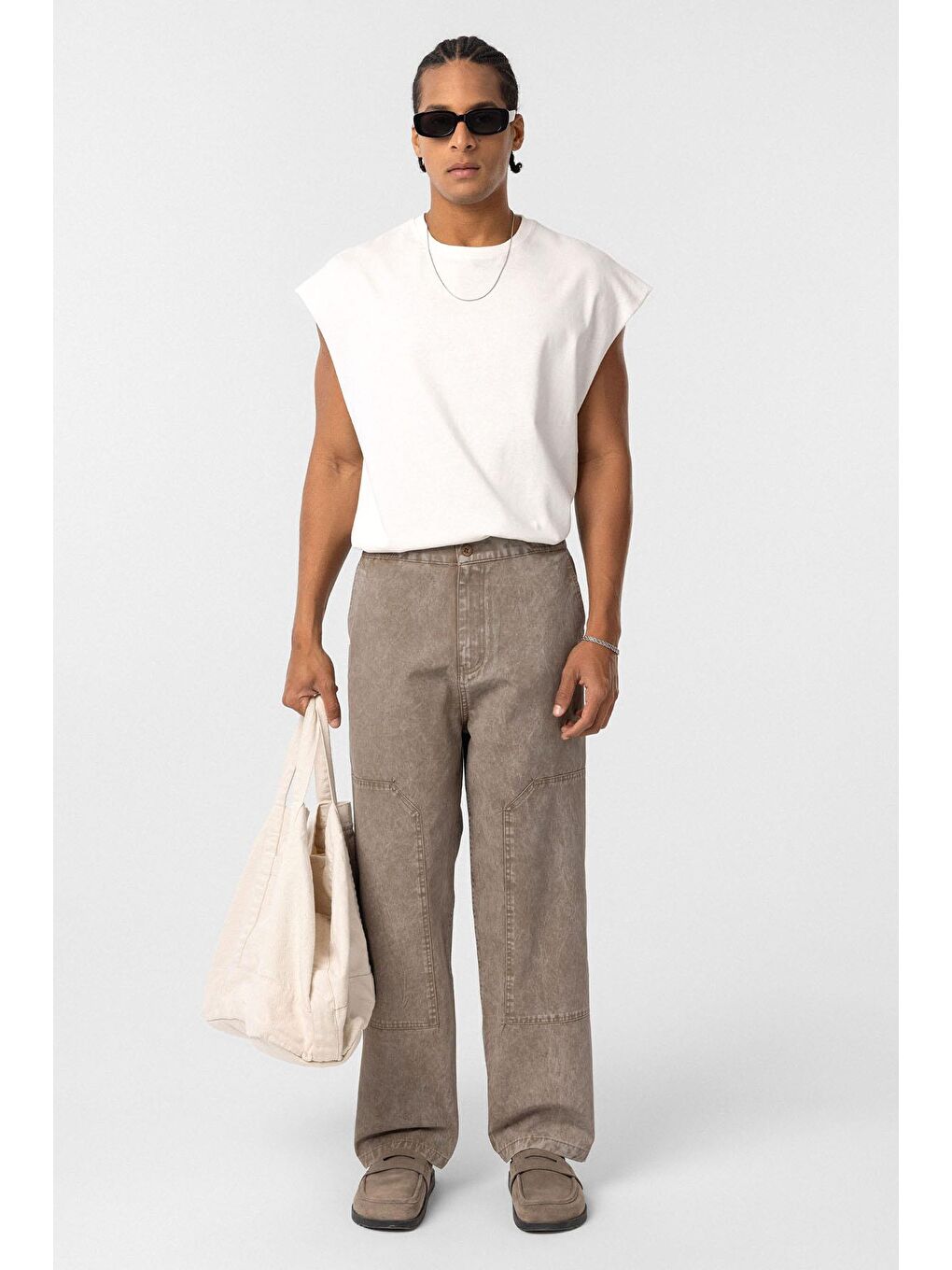 Bej Yıkamalı Baggy Gabardin Erkek Pantolon Vizon