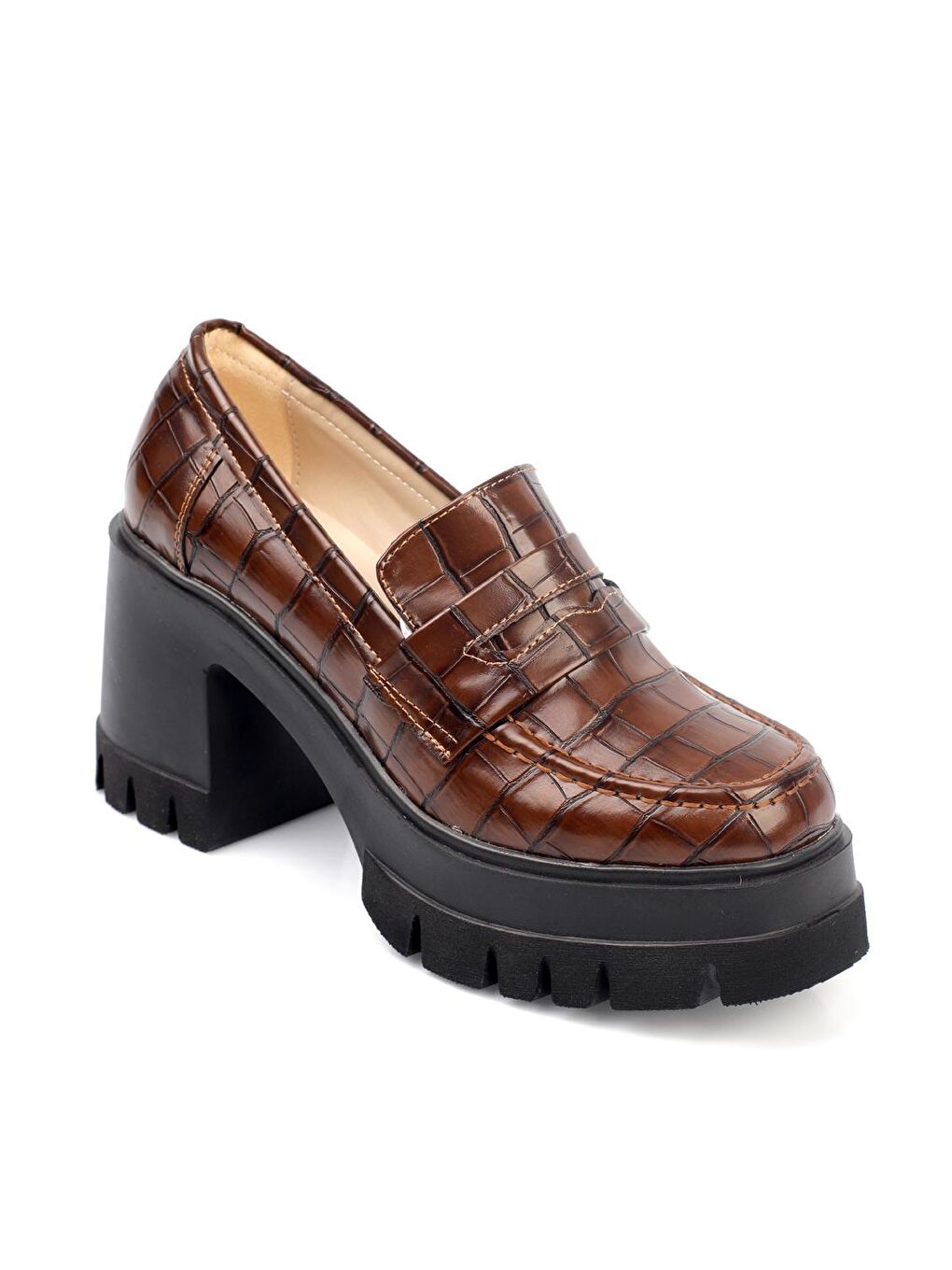 Kahverengi Yuvarlak Burunlu Orta Topuklu Kadın Loafer-3