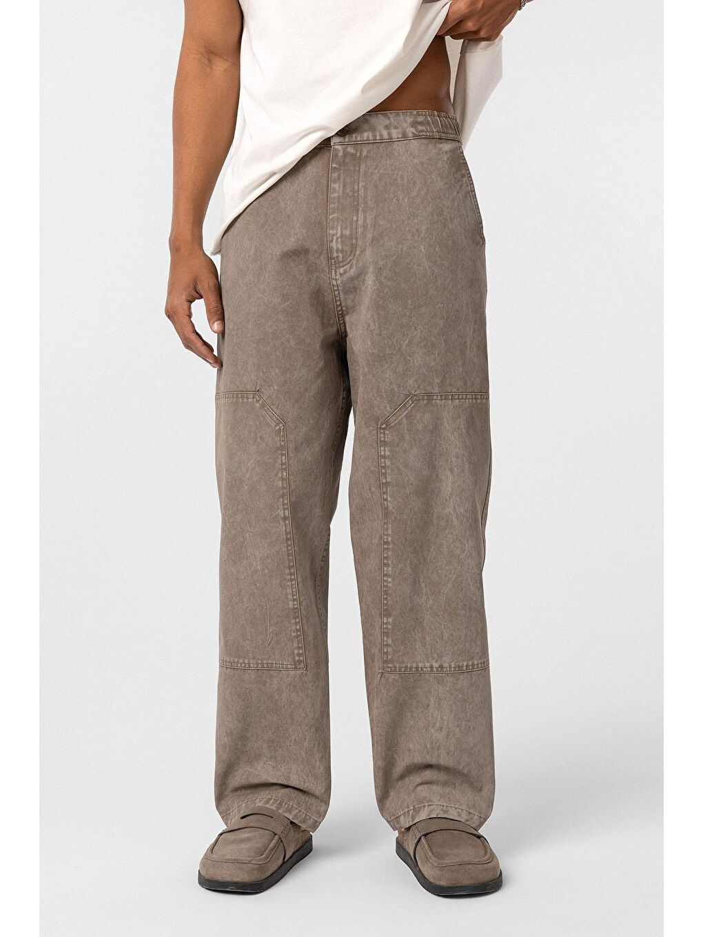 Bej Yıkamalı Baggy Gabardin Erkek Pantolon Vizon-2
