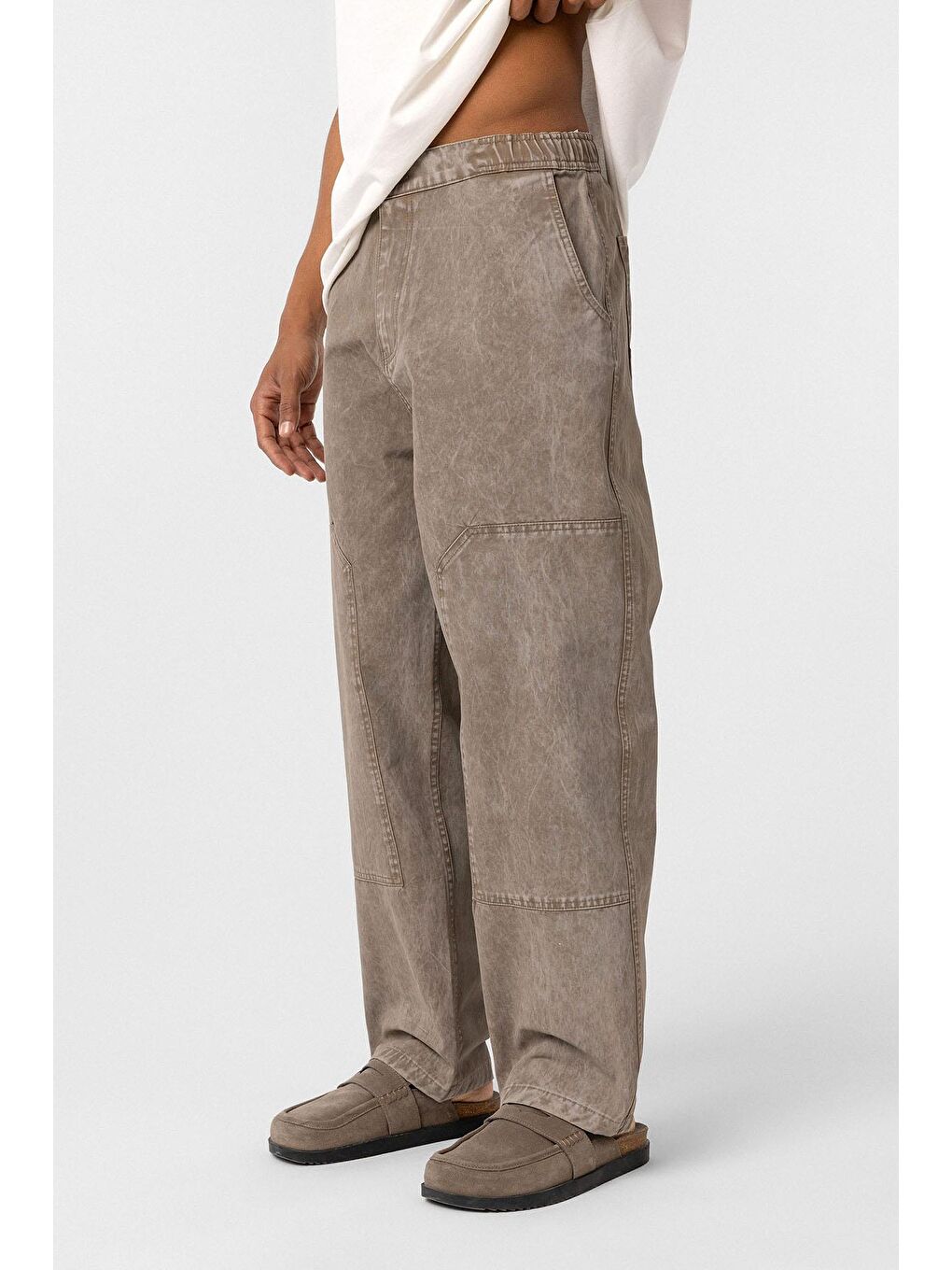 Bej Yıkamalı Baggy Gabardin Erkek Pantolon Vizon-3