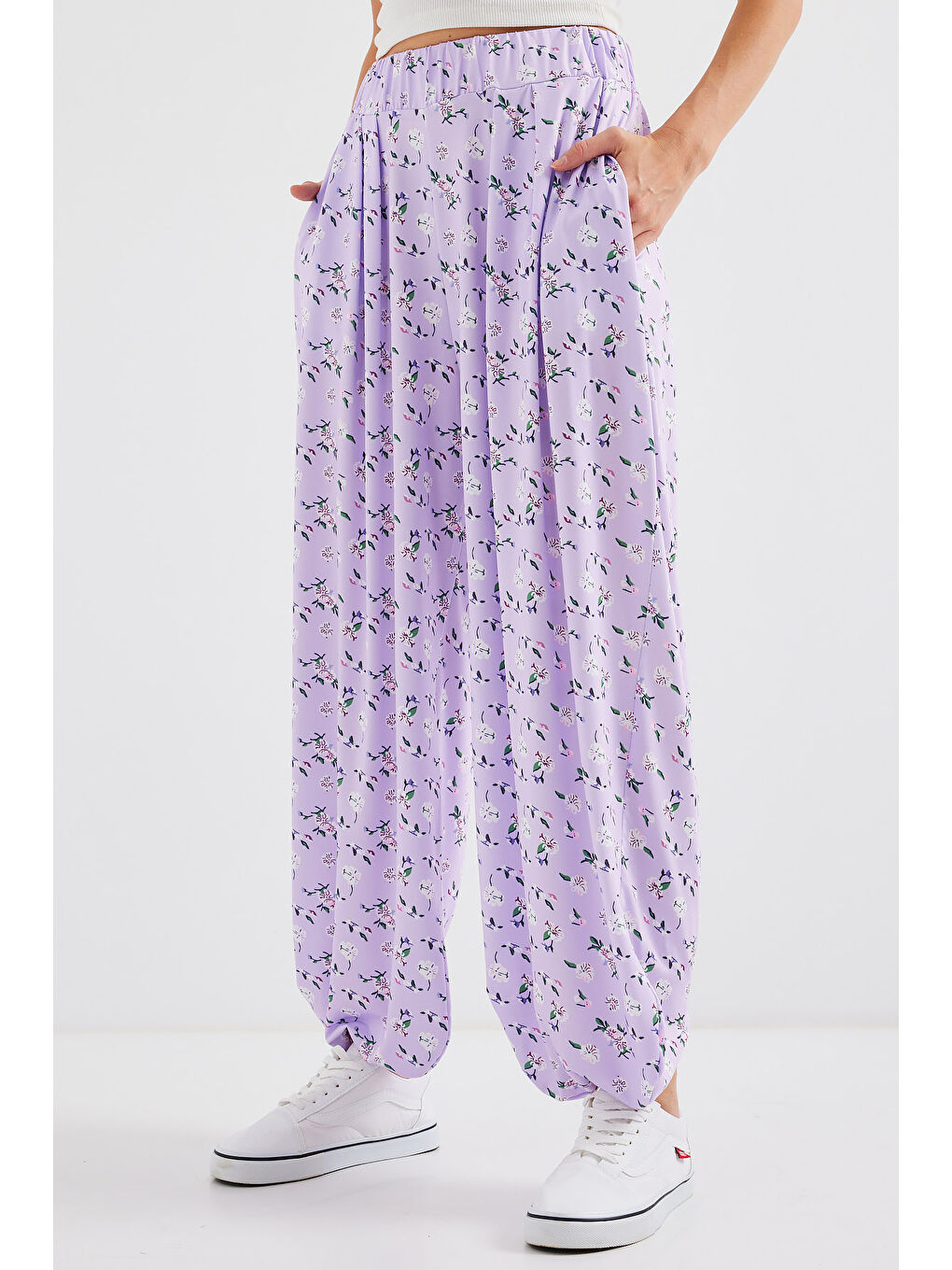 6665 Desenli Şalvar Pantolon - Lila-3