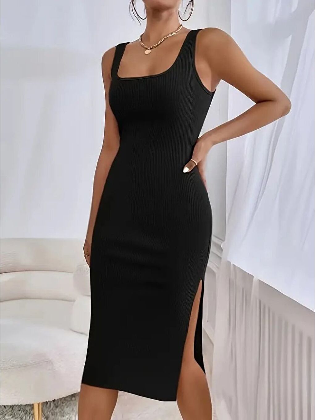 Siyah Kadın Askılı Kare Yaka Yandan Yırtmaçlı Midi Kaşkorse Elbise , 31304