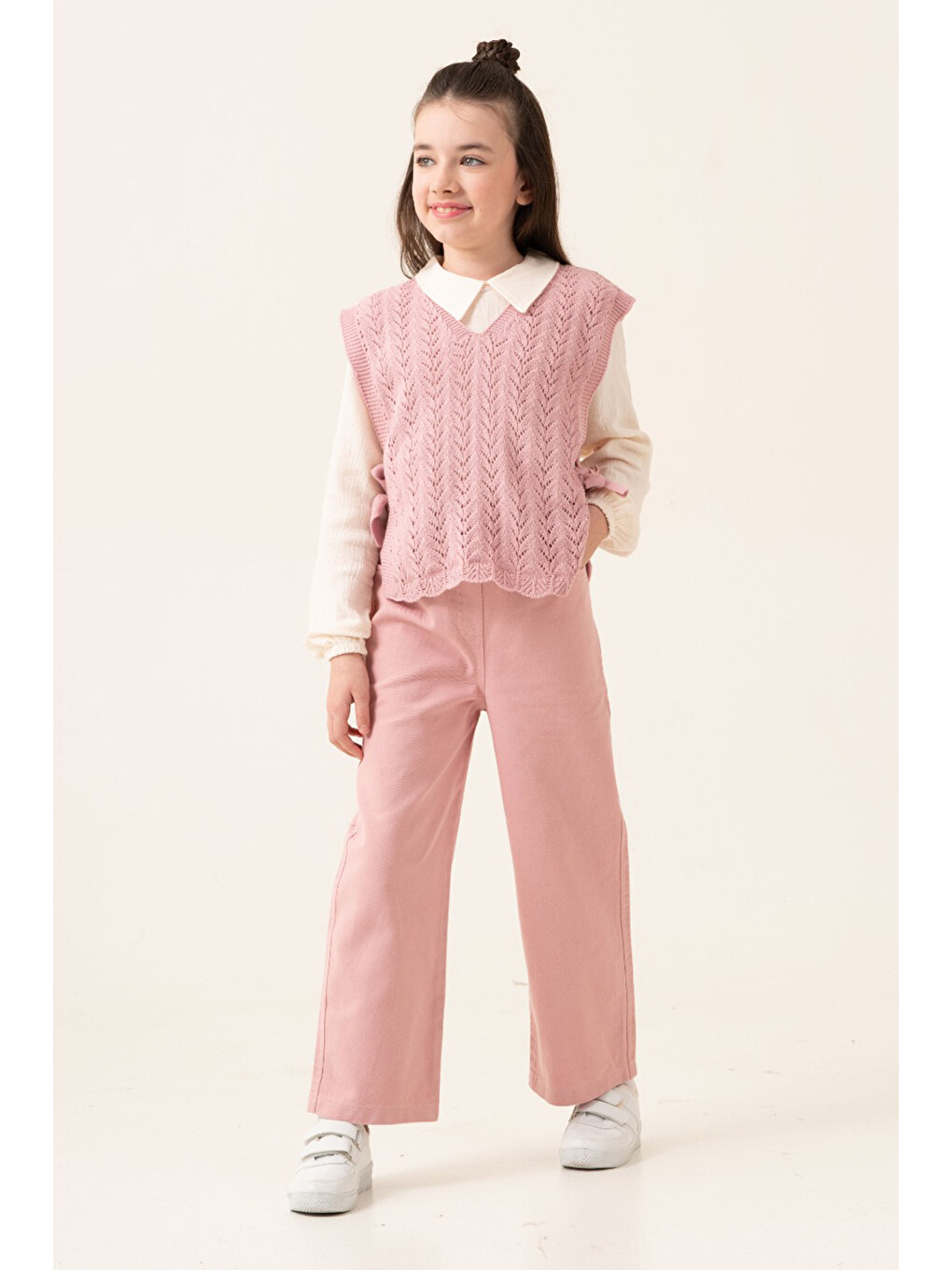 Pembe Örgü Süveterli Müslin Gömlekli Kız Çocuk 3lü Alt Üst Takım 20537