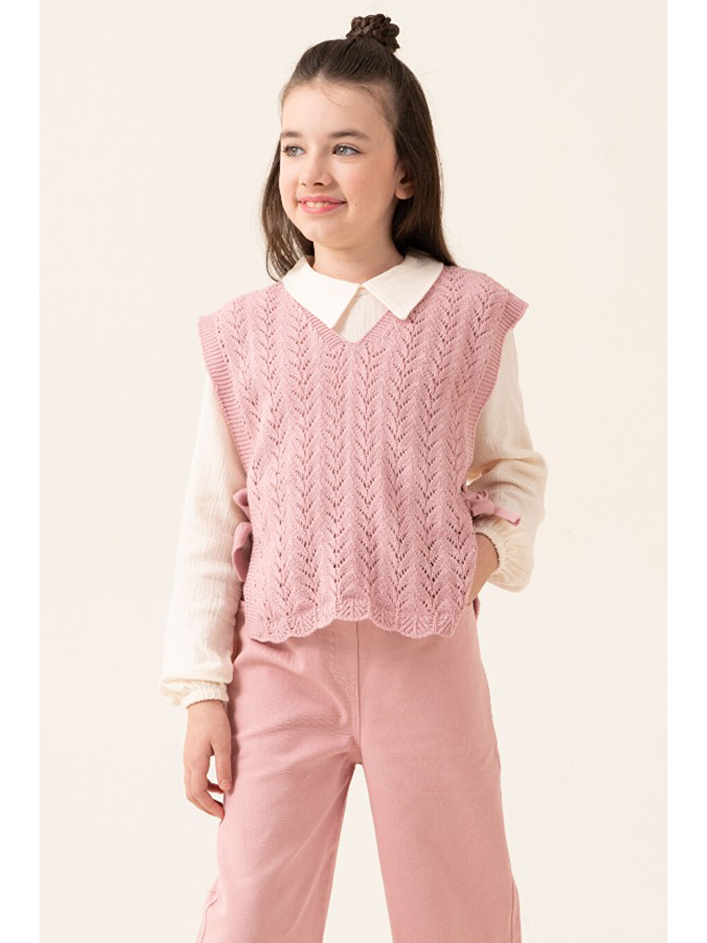 Pembe Örgü Süveterli Müslin Gömlekli Kız Çocuk 3lü Alt Üst Takım 20537-1