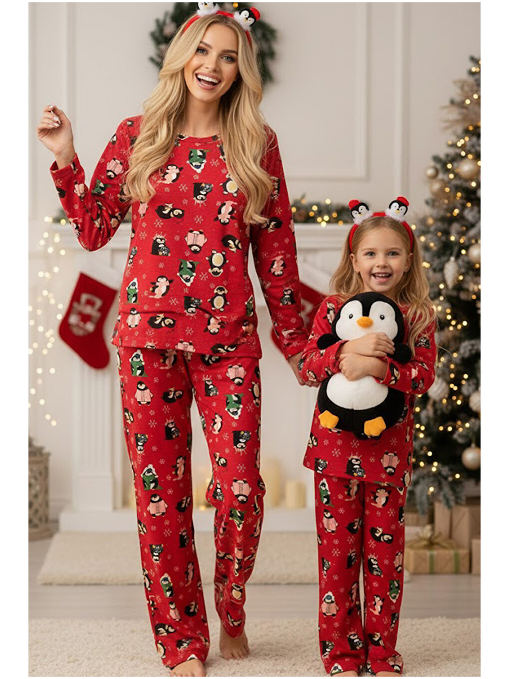 Kırmızı %100 Pamuklu Penguen Desenli Yılbaşı Temalı Örme Pijama Takım-1