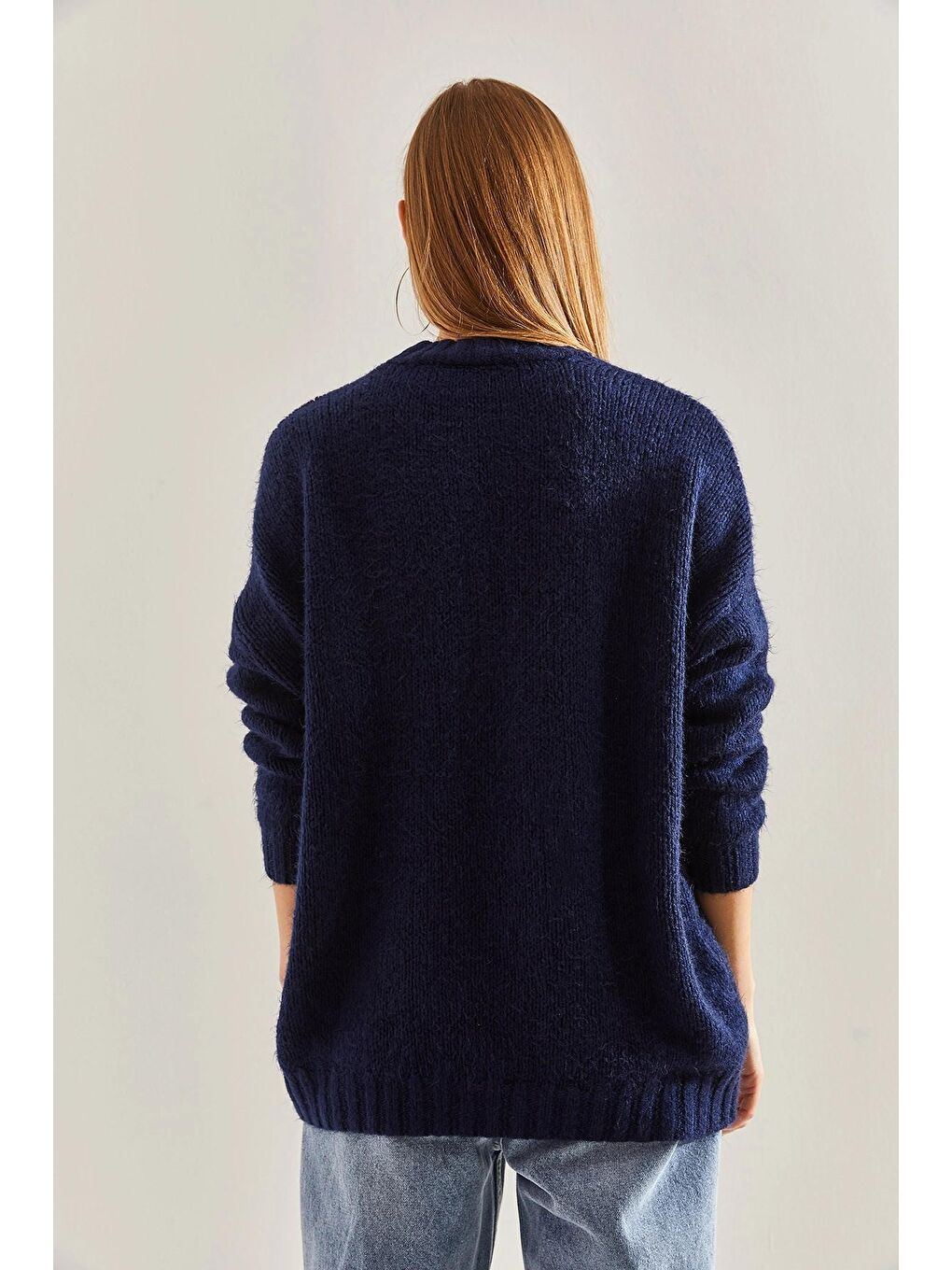 Lacivert Kadın Büyük Cep Desenli Triko Kazak-2