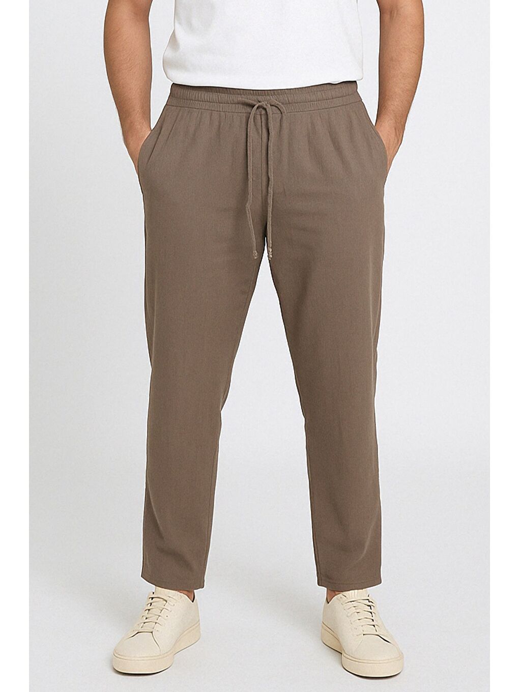 Bej Erkek Bel Bağlamalı Keten Jogger Pantolon
