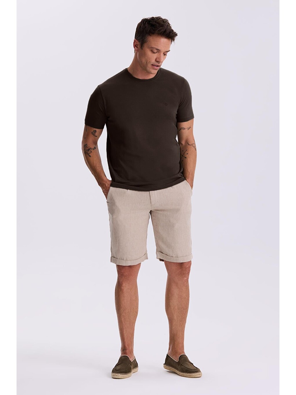 Kahverengi Kahve %100 Pamuk Slim Fit Bisiklet Yaka Basic T-Shirt-1