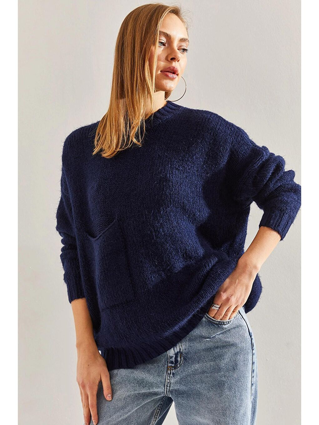 Lacivert Kadın Büyük Cep Desenli Triko Kazak-3