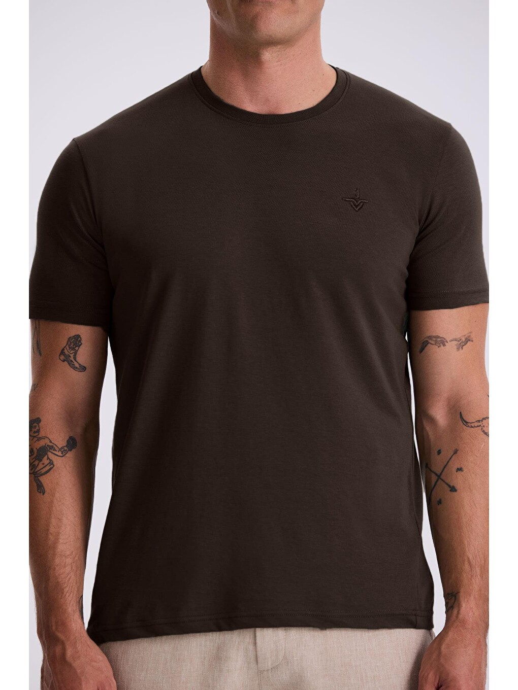 Kahverengi Kahve %100 Pamuk Slim Fit Bisiklet Yaka Basic T-Shirt-2