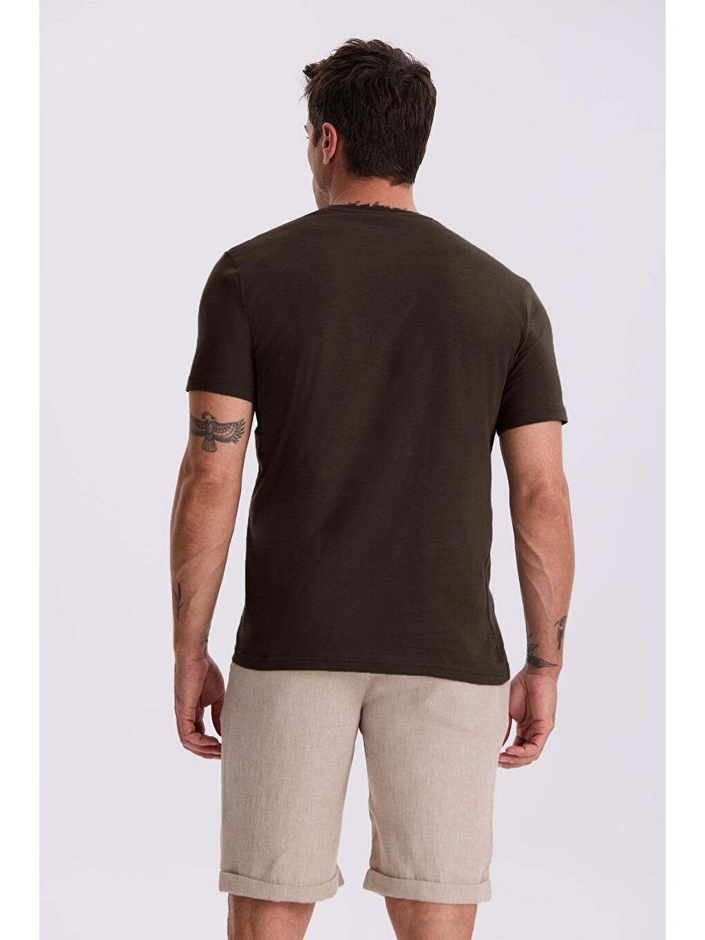 Kahverengi Kahve %100 Pamuk Slim Fit Bisiklet Yaka Basic T-Shirt-3