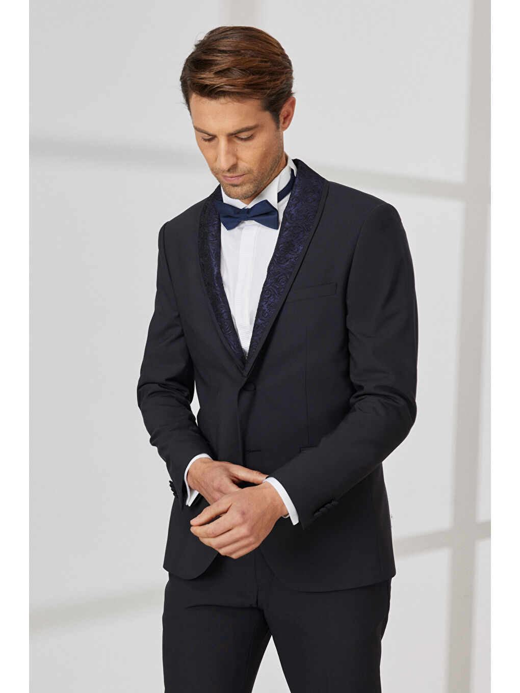 Erkek Lacivert Slim Fit Dar Kesim Çıkma Şal Yaka Yünlü Smokin Takım