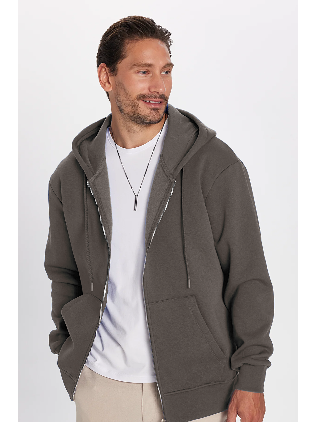 Unisex Relax Fit Rahat Kesim Pamuklu İçi Polarlı Çift Cepli  Gri Kapüşonlu Fermuarlı Sweatshirt