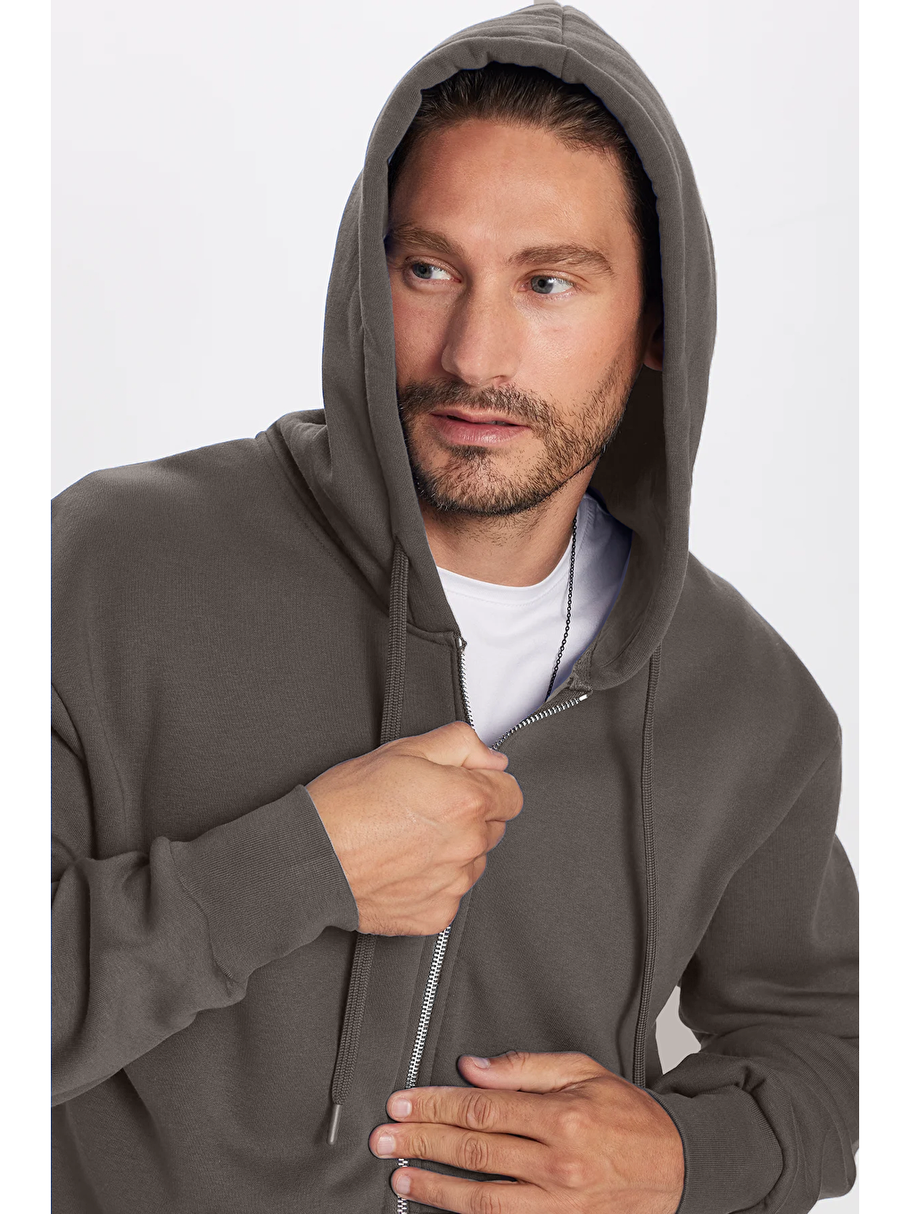 Unisex Relax Fit Rahat Kesim Pamuklu İçi Polarlı Çift Cepli  Gri Kapüşonlu Fermuarlı Sweatshirt-1