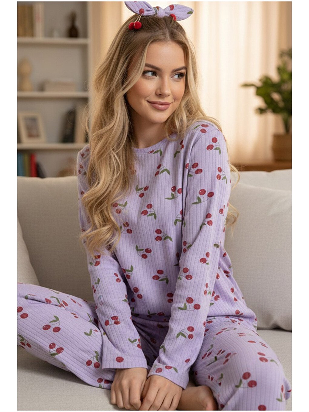 Lila Kiraz Desenli Yumuşak Tuşe Kışlık Fitilli Pamuklu Örme Pijama Takım 7977