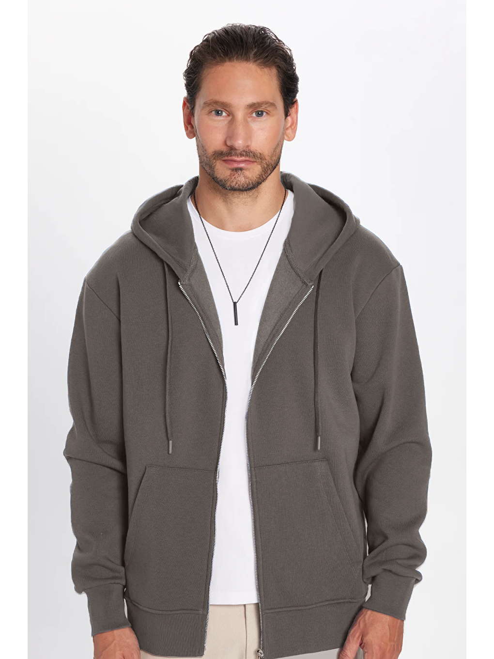 Unisex Relax Fit Rahat Kesim Pamuklu İçi Polarlı Çift Cepli  Gri Kapüşonlu Fermuarlı Sweatshirt-3