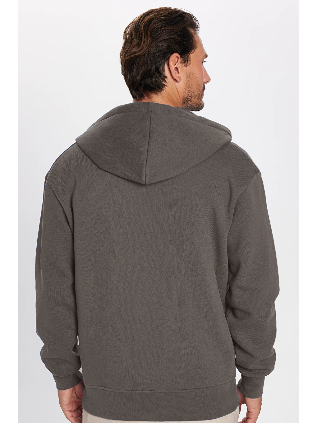 Unisex Relax Fit Rahat Kesim Pamuklu İçi Polarlı Çift Cepli  Gri Kapüşonlu Fermuarlı Sweatshirt-4