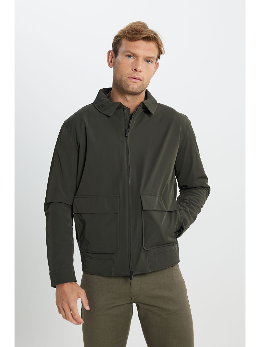 Erkek Haki Standart Fit Normal Kesim Gömlek Yaka Mont-3