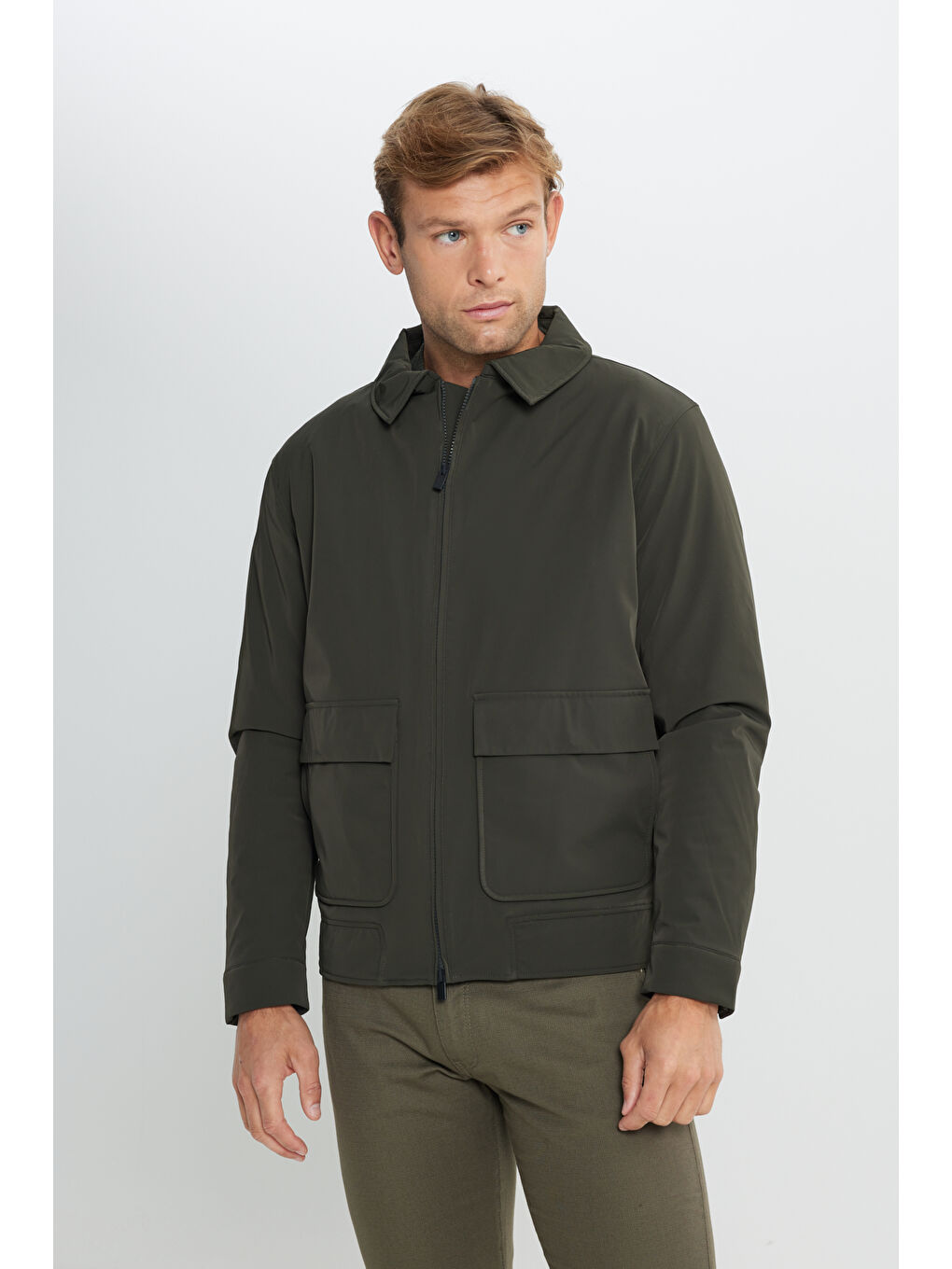 Erkek Haki Standart Fit Normal Kesim Gömlek Yaka Mont-4