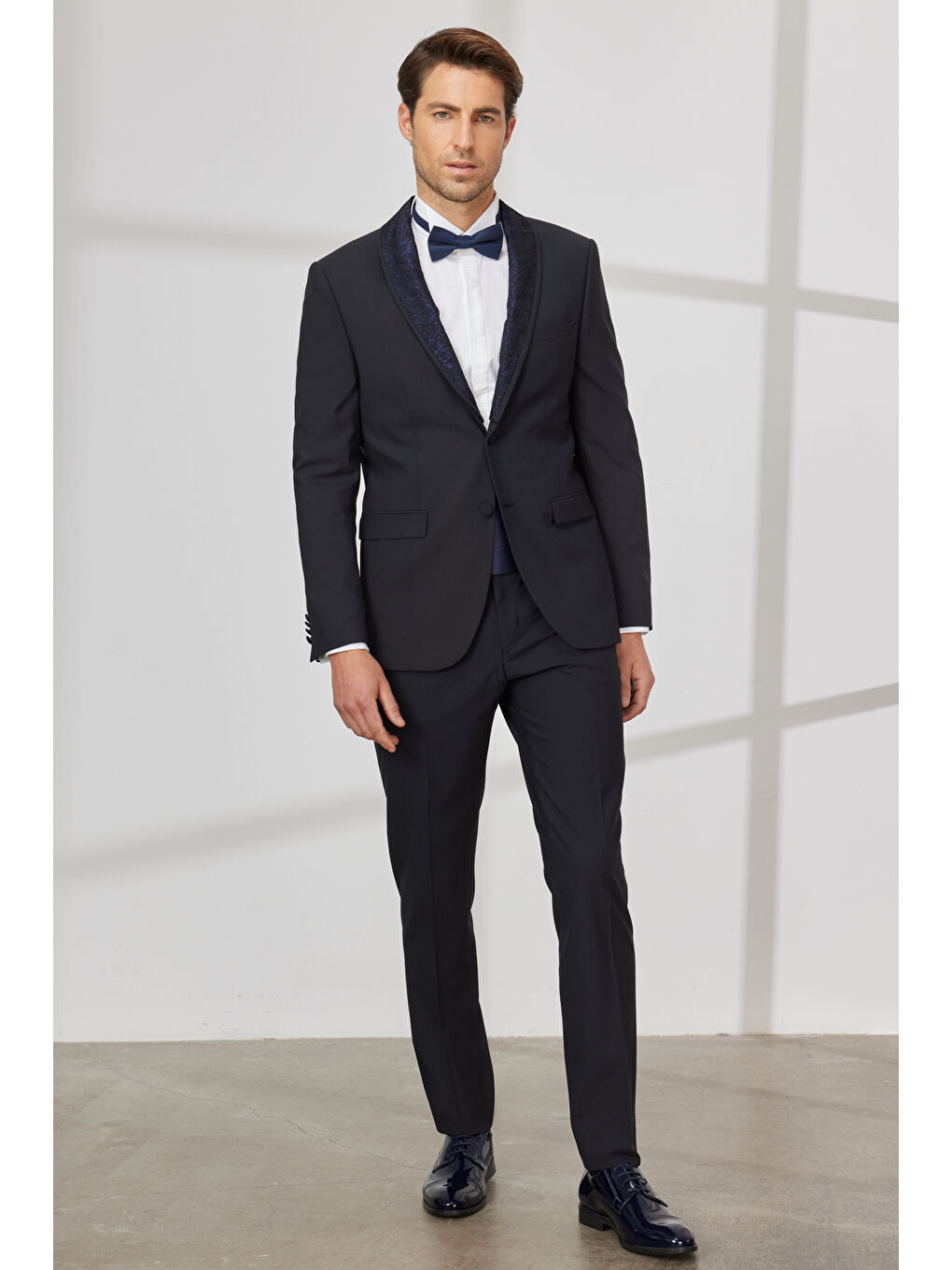 Erkek Lacivert Slim Fit Dar Kesim Çıkma Şal Yaka Yünlü Smokin Takım-1