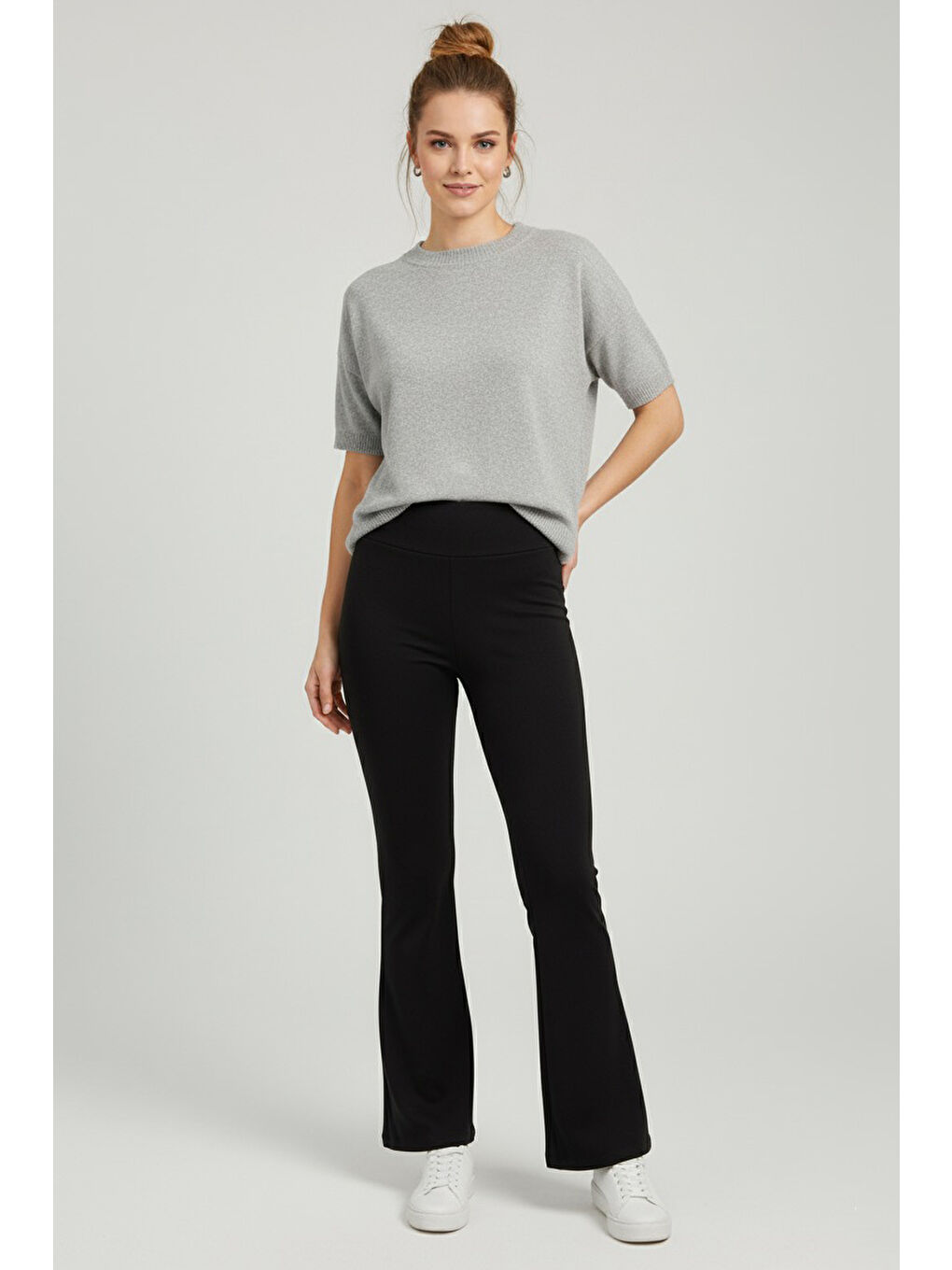 İspanyol Paça Yüksek Bel Şardonlı Ribana Tayt Siyah - 27979-SIYAH-1