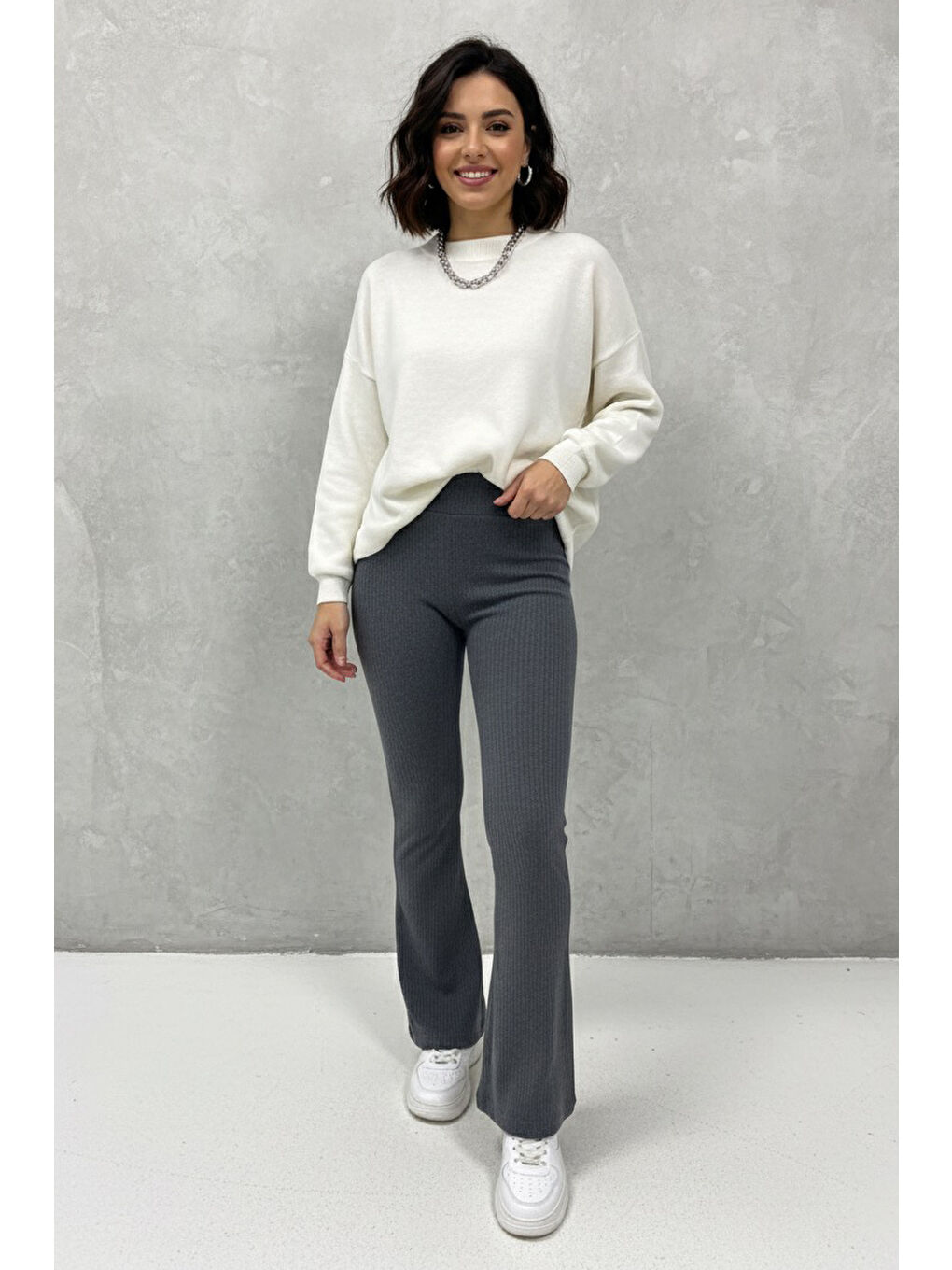 Gri İspanyol Paça Yüksek Bel Raporlu Tayt Füme - 27980-FUME