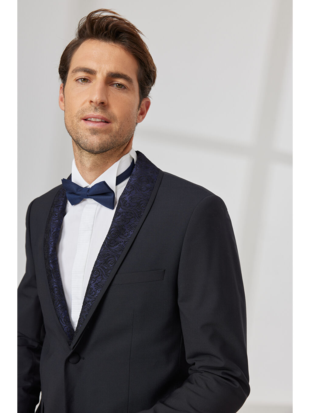 Erkek Lacivert Slim Fit Dar Kesim Çıkma Şal Yaka Yünlü Smokin Takım-2