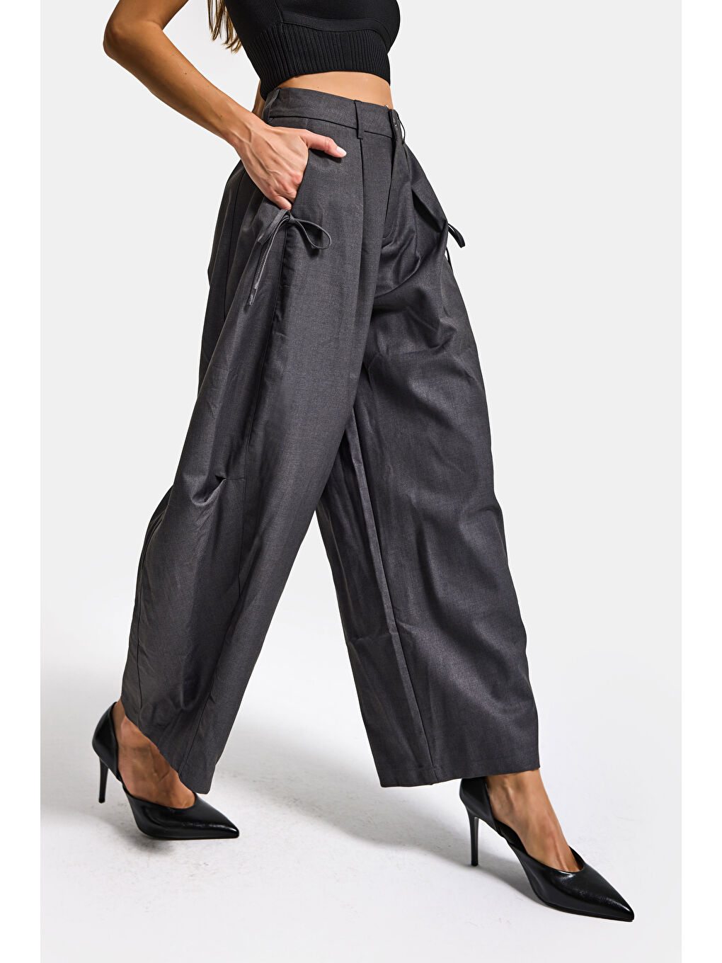 Kadın Gri w5 Bol Kesim Viskon Kumaş Özel Tasarım Pantolon