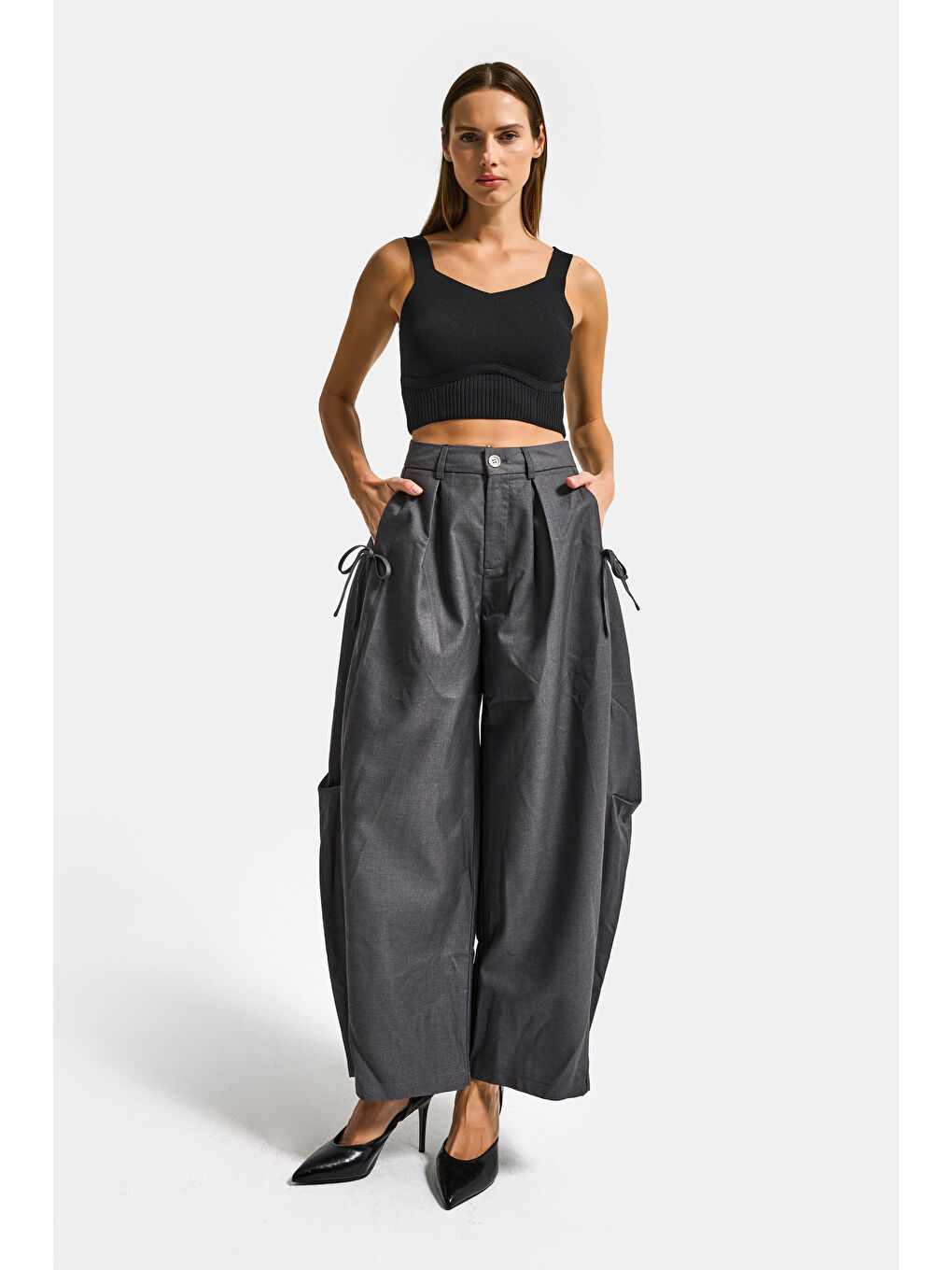 Kadın Gri w5 Bol Kesim Viskon Kumaş Özel Tasarım Pantolon-1