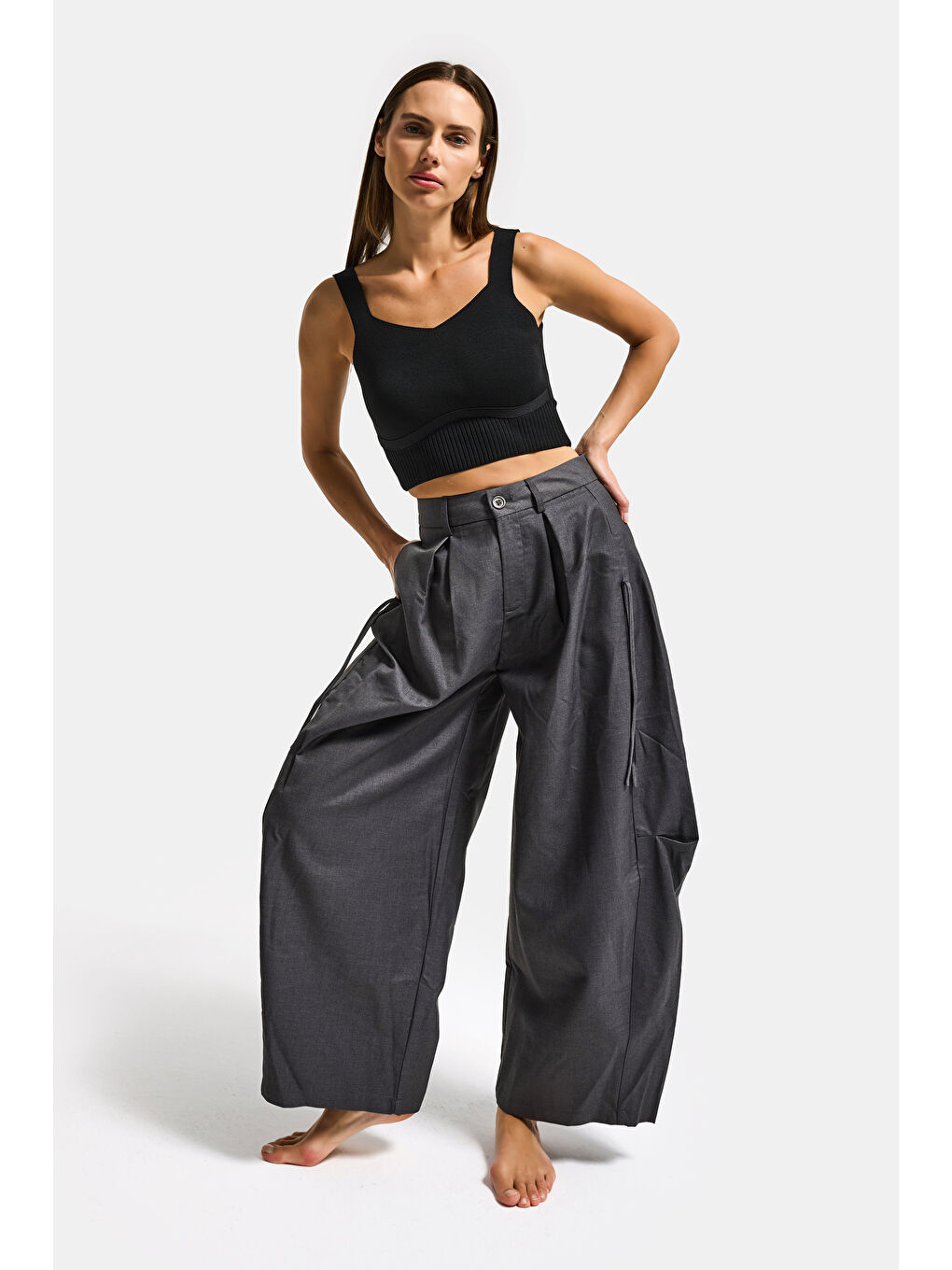 Kadın Gri w5 Bol Kesim Viskon Kumaş Özel Tasarım Pantolon-2