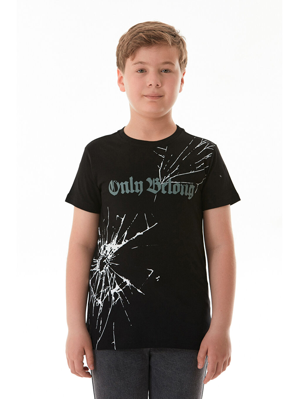 Siyah %100 Pamuk Yazı Baskılı Erkek Çocuk Tişört-1