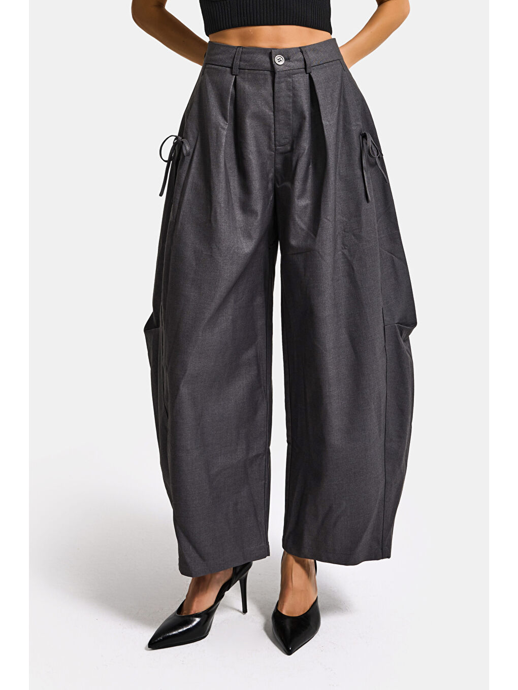 Kadın Gri w5 Bol Kesim Viskon Kumaş Özel Tasarım Pantolon-3