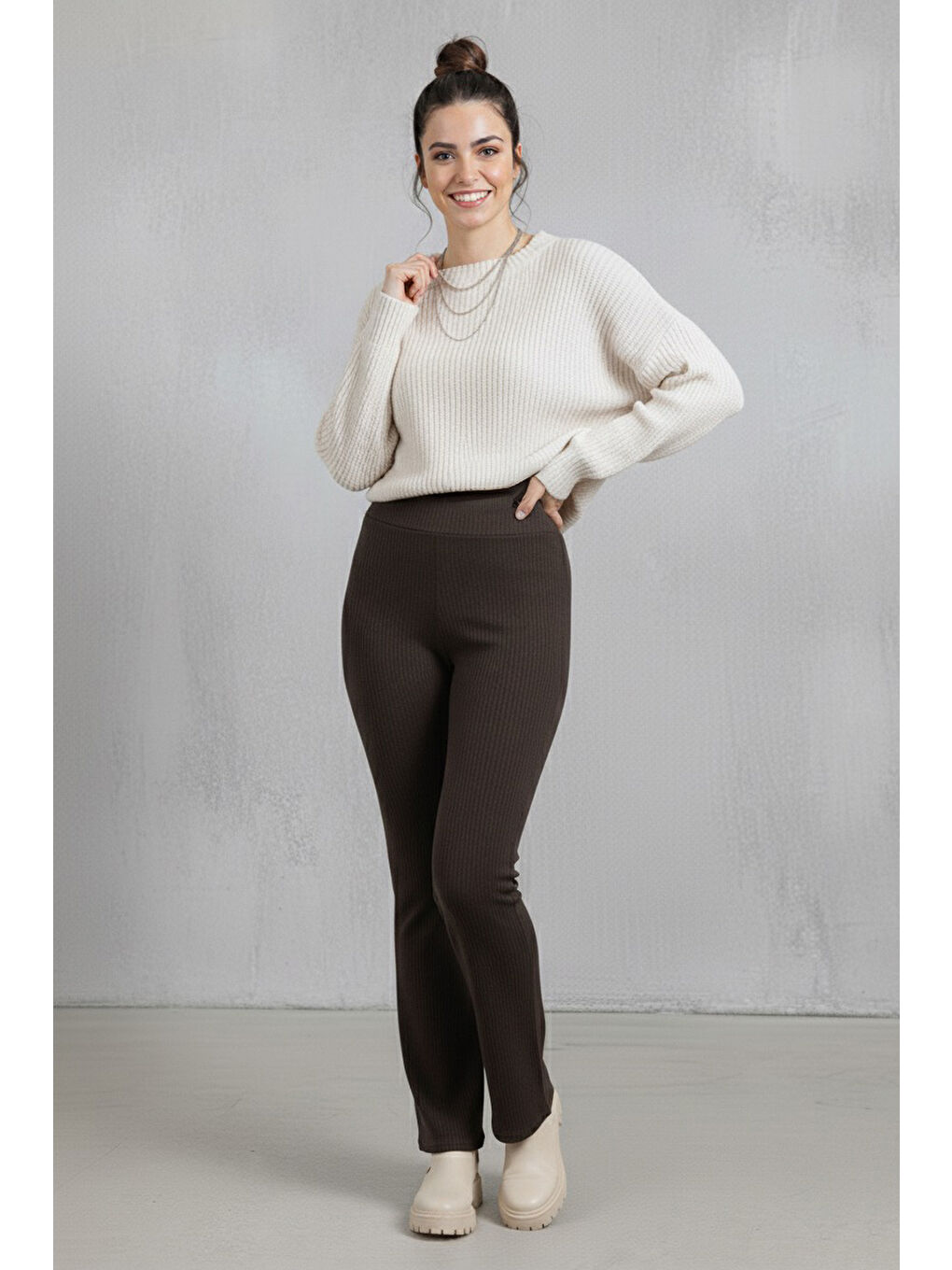 Kahverengi İspanyol Paça Yüksek Bel Raporlu Tayt Kahve - 27980-KAHVE