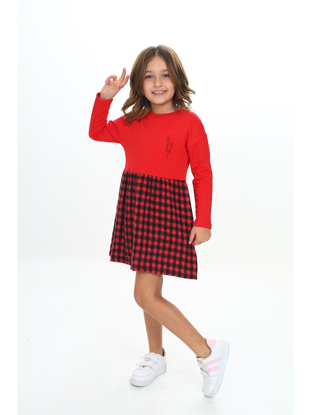 Kırmızı Kız Çocuk Baskılı Elbise-2