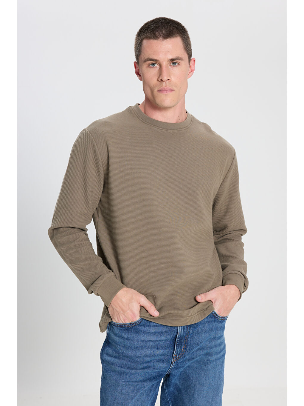 Regular Fit Normal Kesim Bisiklet Yaka %100 Pamuk Haki Sweatshirt