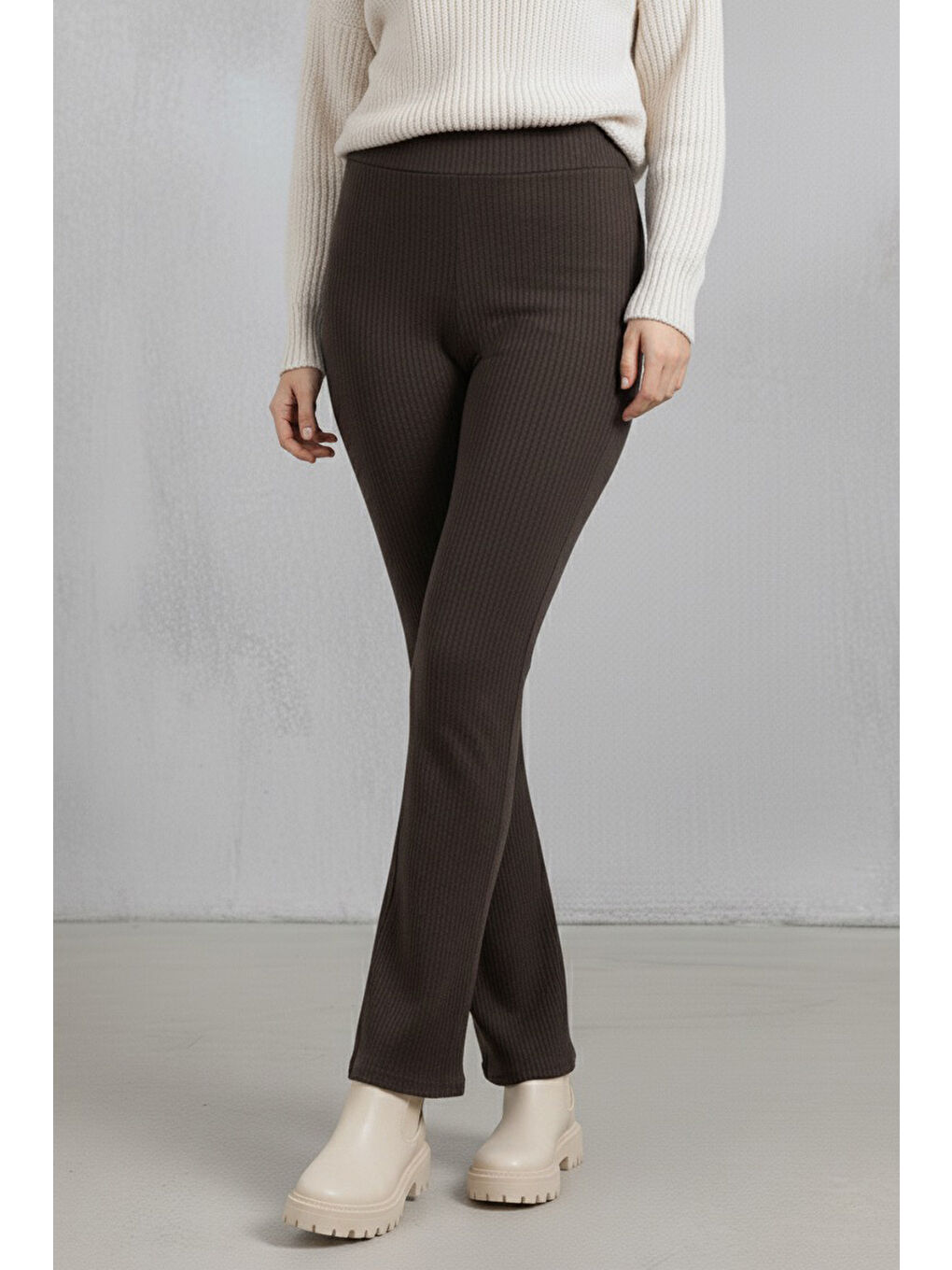 Kahverengi İspanyol Paça Yüksek Bel Raporlu Tayt Kahve - 27980-KAHVE-1