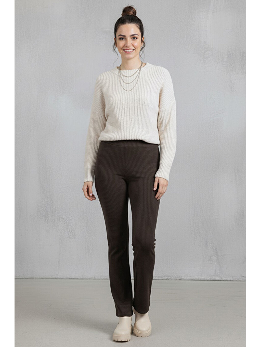 Kahverengi İspanyol Paça Yüksek Bel Raporlu Tayt Kahve - 27980-KAHVE-2