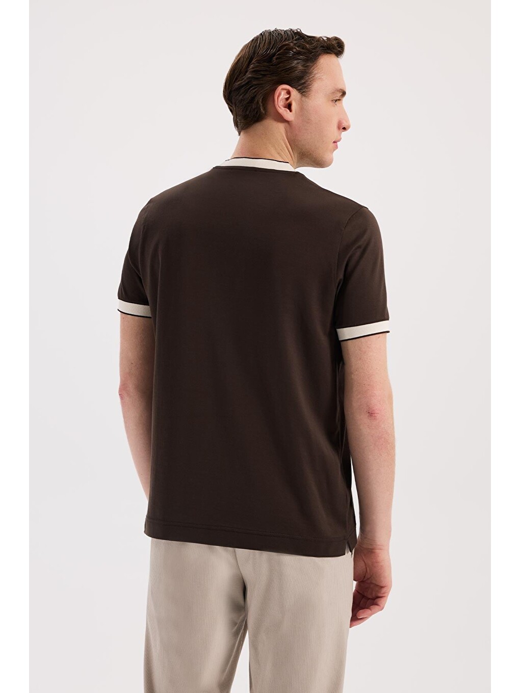 Kahverengi Kahve Slim Fit Bisiklet Yaka %100 Pamuk T-Shirt-3