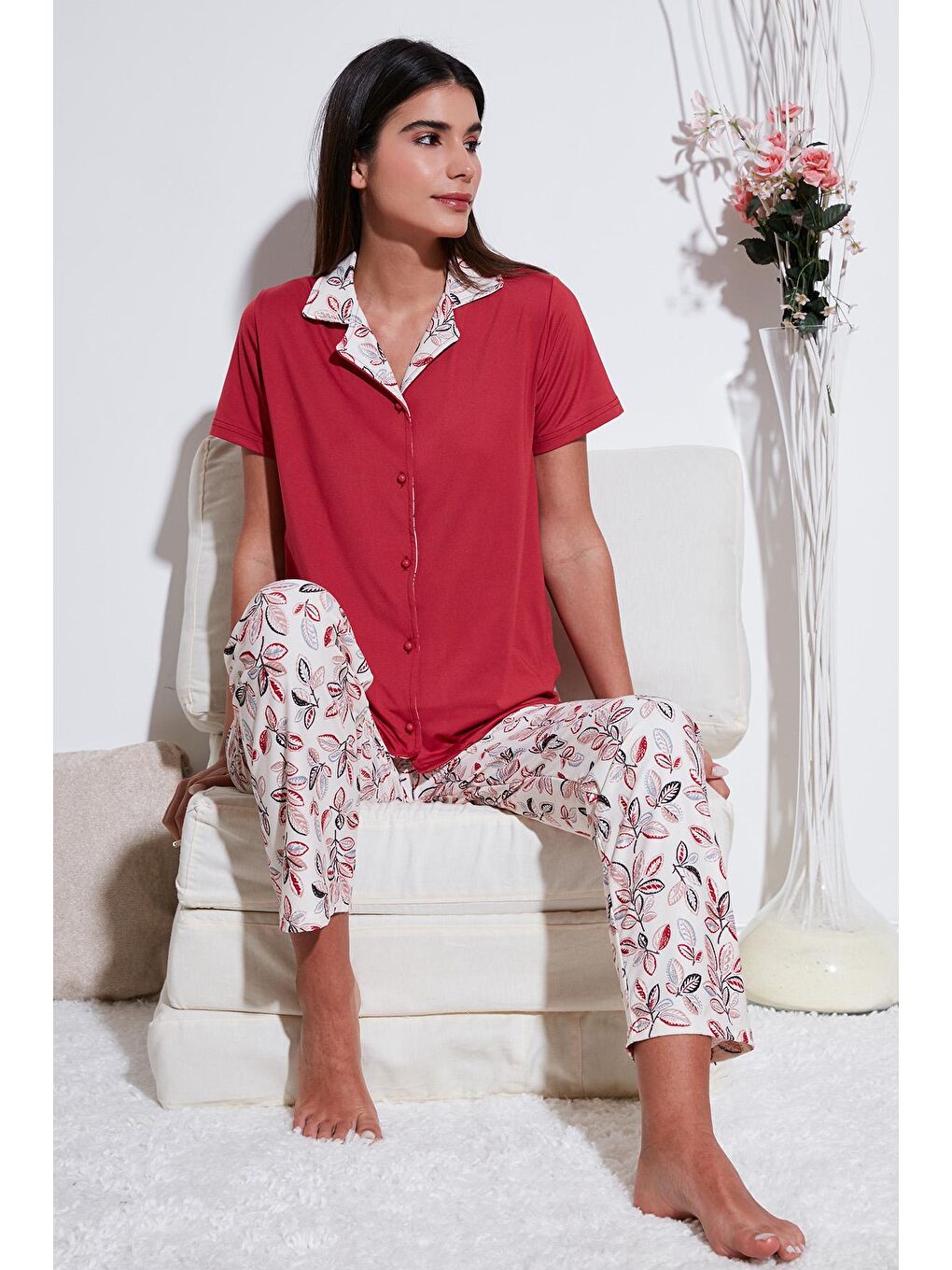 Lela Kırmızı Regular Fit Gömlek Yaka Kısa Kollu Pijama Takımı 65730101