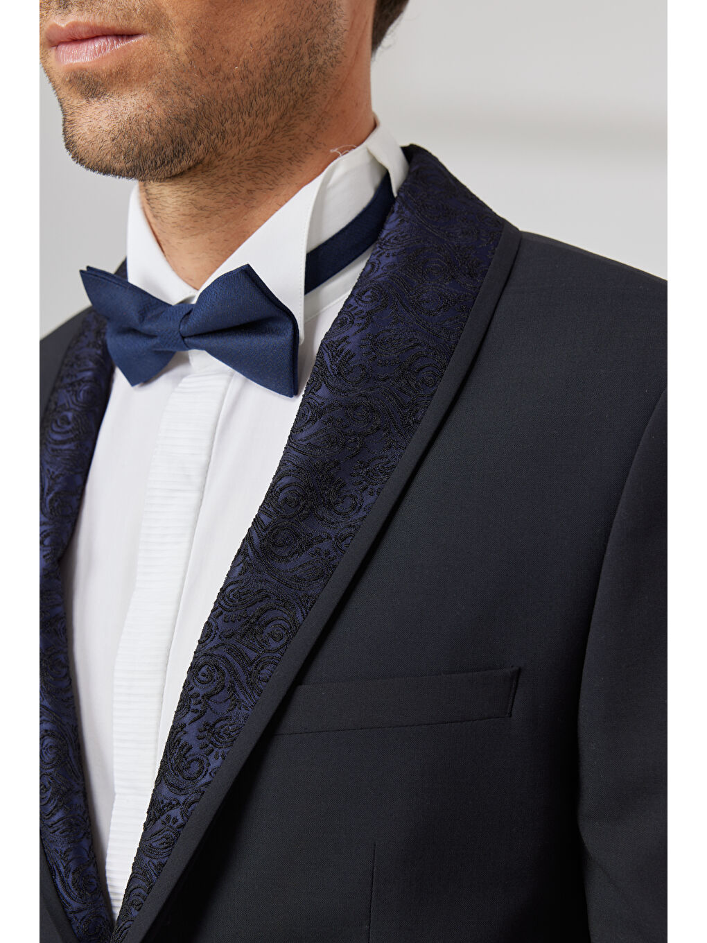 Erkek Lacivert Slim Fit Dar Kesim Çıkma Şal Yaka Yünlü Smokin Takım-3