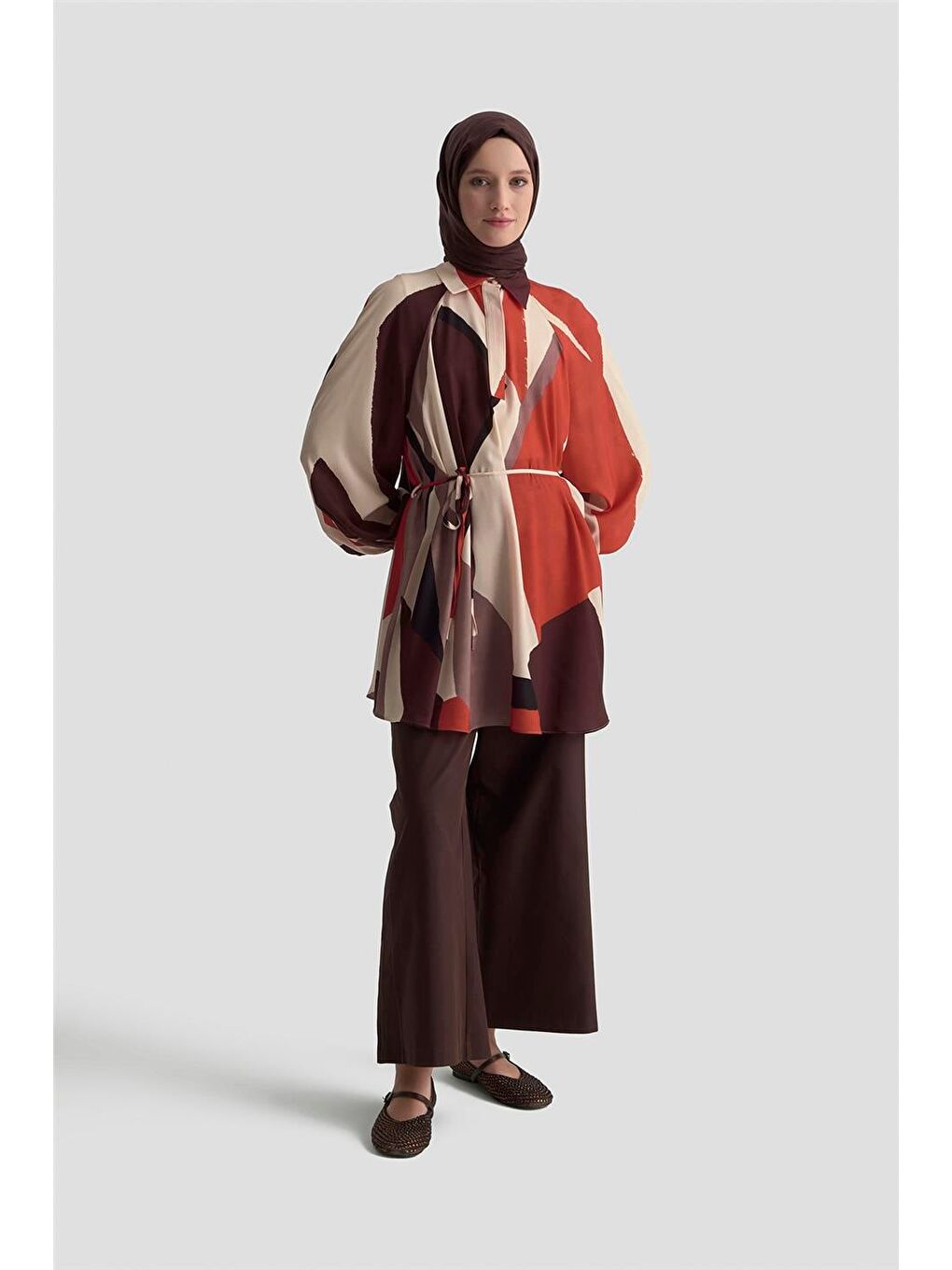 Kahverengi Balon Kollu Dökümlü Tunik 25K4905 Kiremit-2