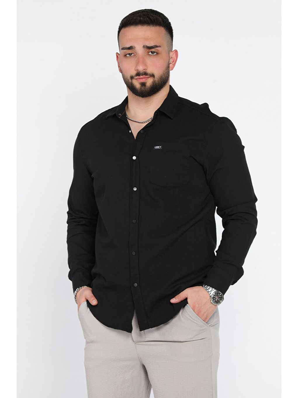 Siyah Erkek Tek Cepli Ön Çıtçıtlı Uzun Kol Gömlek-1