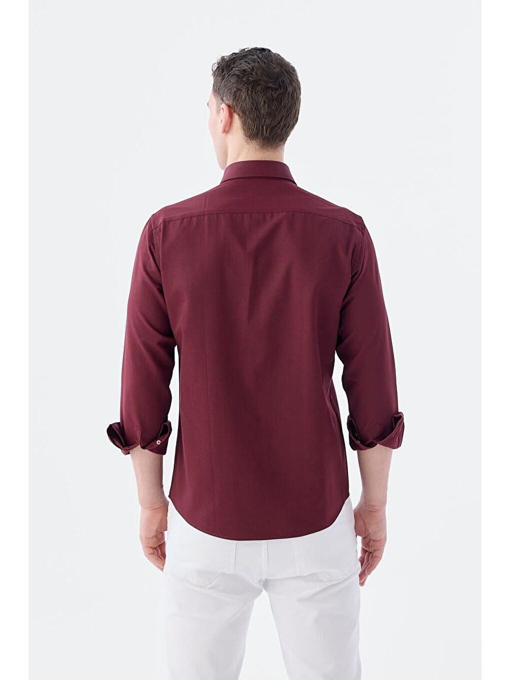 Bordo Slim Fit Desenli Düğmeli Yaka Pamuklu Gömlek-3