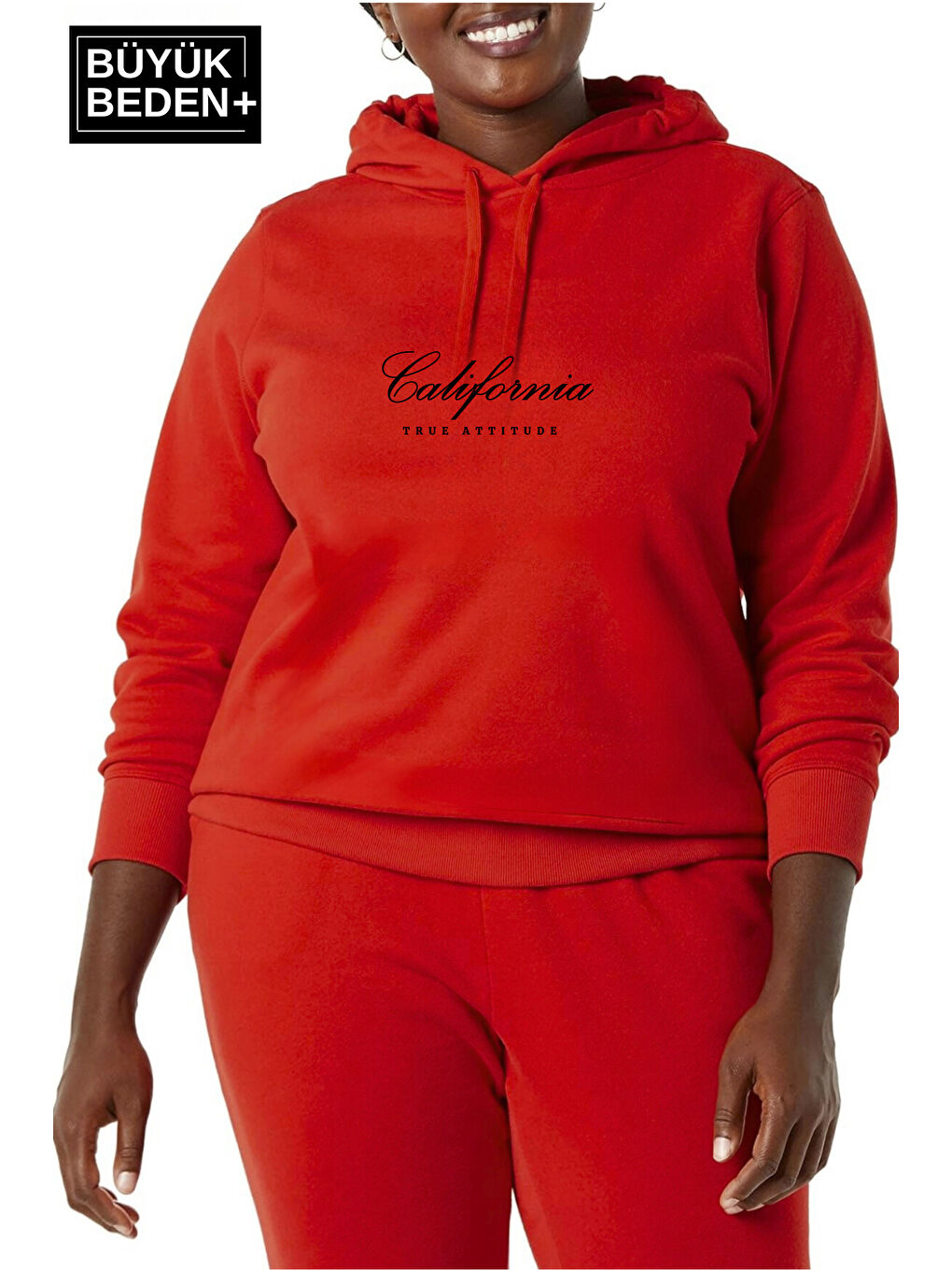 Kırmızı Kadın El Yazılı California Baskılı Büyük Beden İnce Kapüşonlu Swatshırt SPR25BSWK62