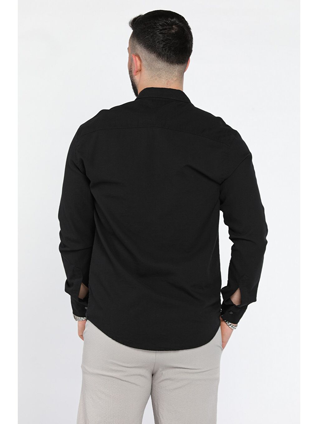 Siyah Erkek Tek Cepli Ön Çıtçıtlı Uzun Kol Gömlek-2