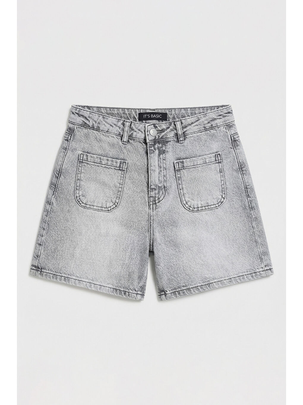 Kadın Gri Jean 4s6-12 Mom Fit Önden Cepli Denim Şort-2